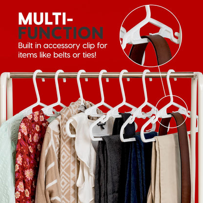 IRIS USA Ganchos de Plástico Flexible para Ropa, Paquete de 50 – con Ranuras en los Hombros, Organizadores para Accesorios Clóset Dormitorio o Lavandería Camisas Pantalones y Vestidos Ligeros, Blanco