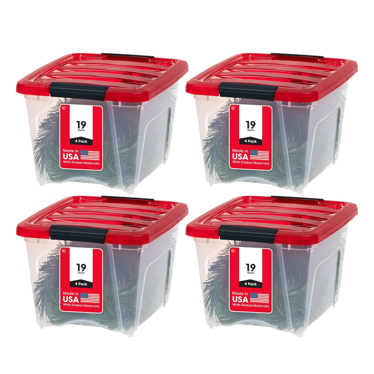 IRIS USA Paquete de 4 Contenedores Navideños de 19 Qt, Rojo | Guarda adornos, esferas, coronas, guirnaldas y decoración estacional con tapas seguras y diseño apilable