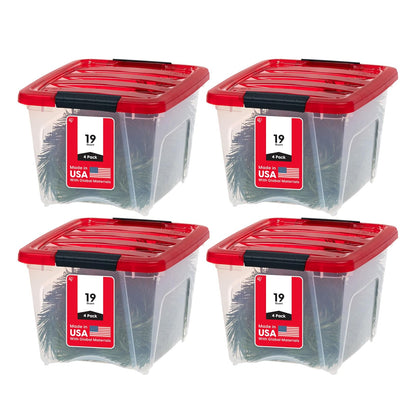 IRIS USA Paquete de 4 Contenedores Navideños de 19 Qt, Rojo | Guarda adornos, esferas, coronas, guirnaldas y decoración estacional con tapas seguras y diseño apilable
