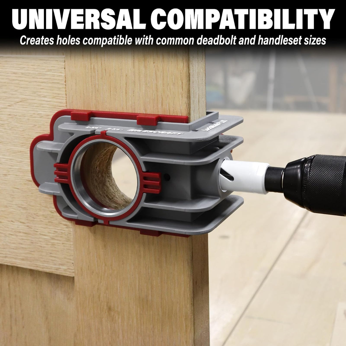 Milescraft 1338 Lock Mate PLUS - Kit de instalación de cerradura de puerta profesional, plantilla de cerradura de puerta para puertas de madera/metal con 1-3/8 pulgadas y 1-3/4 pulgadas de grosor.