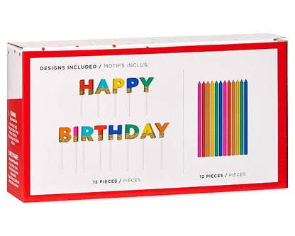 American Greetings Velas de Cumpleaños con Palillos de Dientes | Multicolor, texto largo y fino de feliz cumpleaños, 25 unidades
