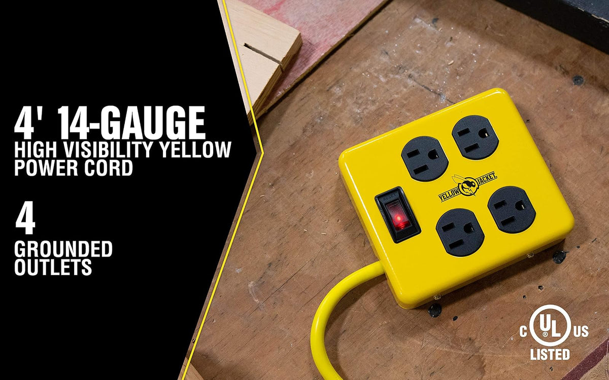 Yellow Jacket 2177N - Bloque de metal con 4 tomas de corriente e interruptor iluminado, cable de 4 pies