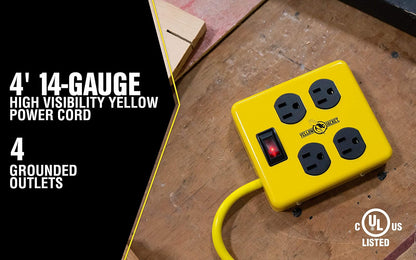 Yellow Jacket 2177N - Bloque de metal con 4 tomas de corriente e interruptor iluminado, cable de 4 pies