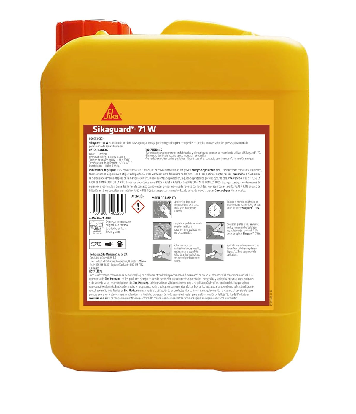 Sika - Repelente de Agua - Sikaguard 71W - Tratamiento Antimusgo para Fachadas - Líquido - Listo para Usar - Transparente - Bote 5 L