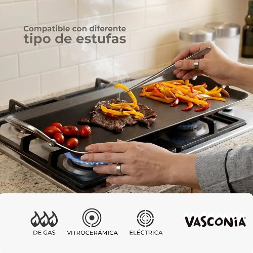 Vasconia | Plancha Doble Lisa Esencial Aluminio Antiadherente Negro 54x29cm | Doble quemador, Cocción uniforme, Recubrimiento interior, Fácil limpieza, Uso diario, Gran capacidad, Libre de PFOA