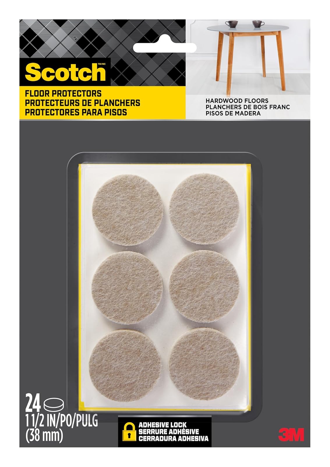 Scotch - almohadillas para orejas de fieltro para muebles de fieltro para proteger suelos de madera dura, redondas, 1.5 pulgadas Diámetro, beige, 24 almohadillas para orejas