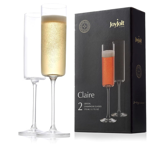 JoyJolt - Juego de 2 copas de champaña de vidrio de la colección Claire, capacidad de 6.5 onzas, exquisita artesanía, ideal para el hogar, bar y ocasiones especiales, fabricado en Europa