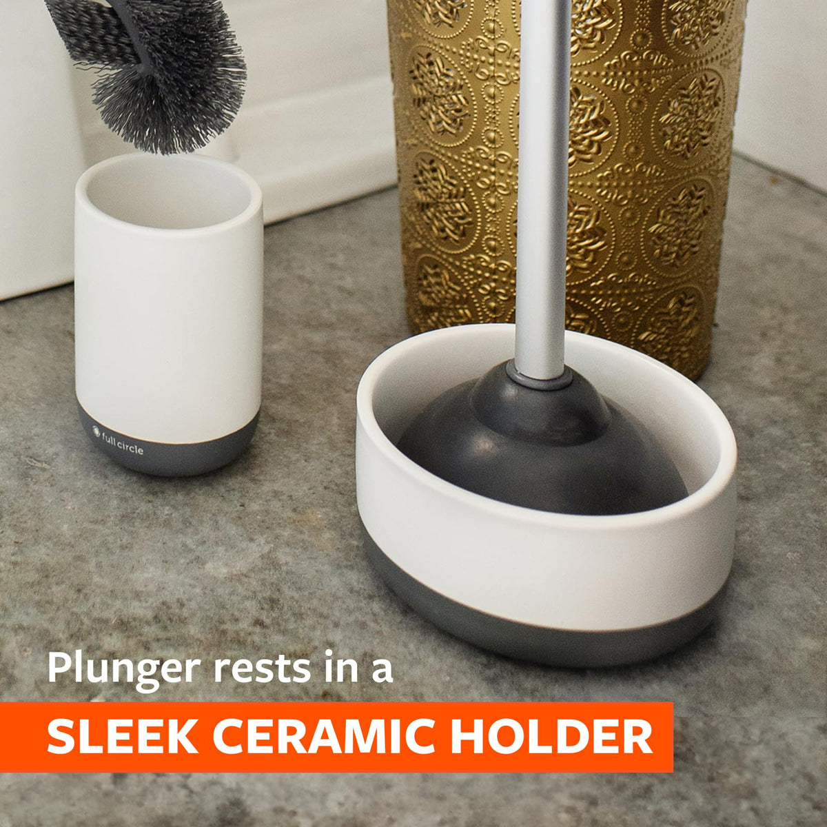 Full Circle Royal Plunge - Émbolo de inodoro con soporte de cerámica y disco de tierra de diatomeas para prevención de moho y moho, fácil de limpiar y más higiénico, blanco
