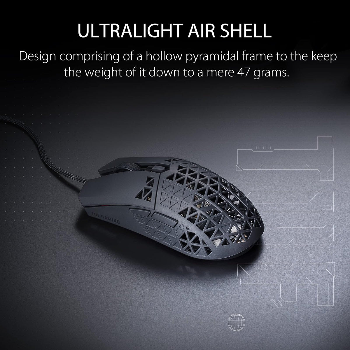 ASUS TUF Gaming M4 Air Lightweight Gaming Mouse | 16,000 dpi Sensor, Programmable Buttons, 47g Ultralight Air Shell, IPX6 Water Resistance, TUF Gaming Paracord and Low Friction PTFE Feet, Black