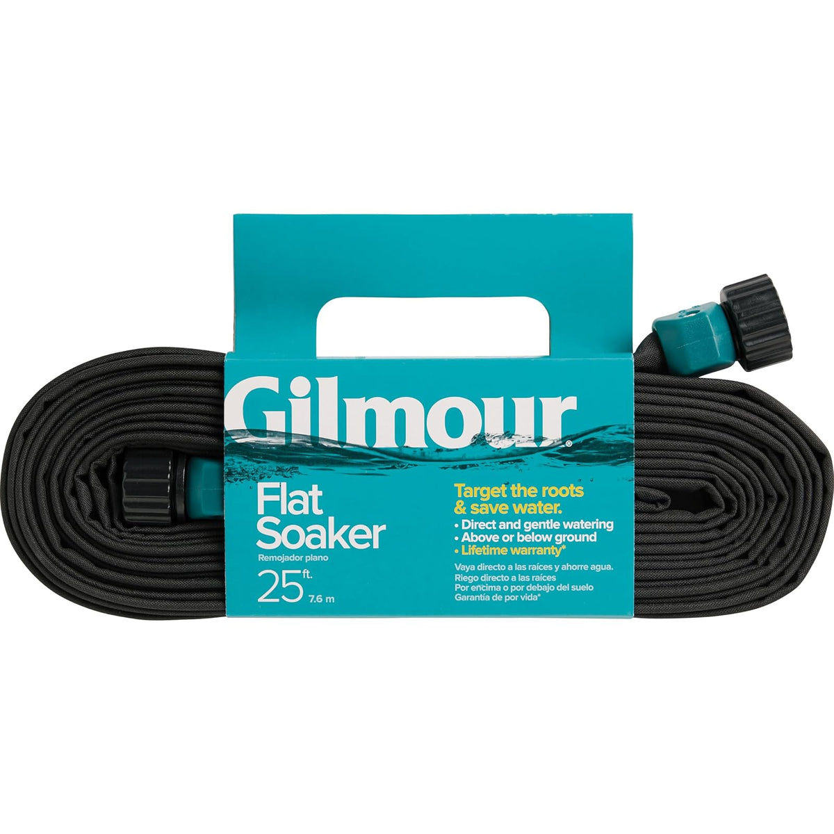 Gilmour Manguera y Montaje, Flat Soaker Hose, 25 Foot | Manguera de riego por goteo para camas de jardín, jardines de verduras y huertos, 80% de ahorro de agua, flexible