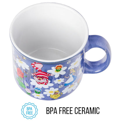 Silver Buffalo Disney Alicia en el país de las maravillas con gato Cheshire, sombrerero loco, conejo blanco y más esmaltado reactivo, taza de cerámica campista de 20 onzas