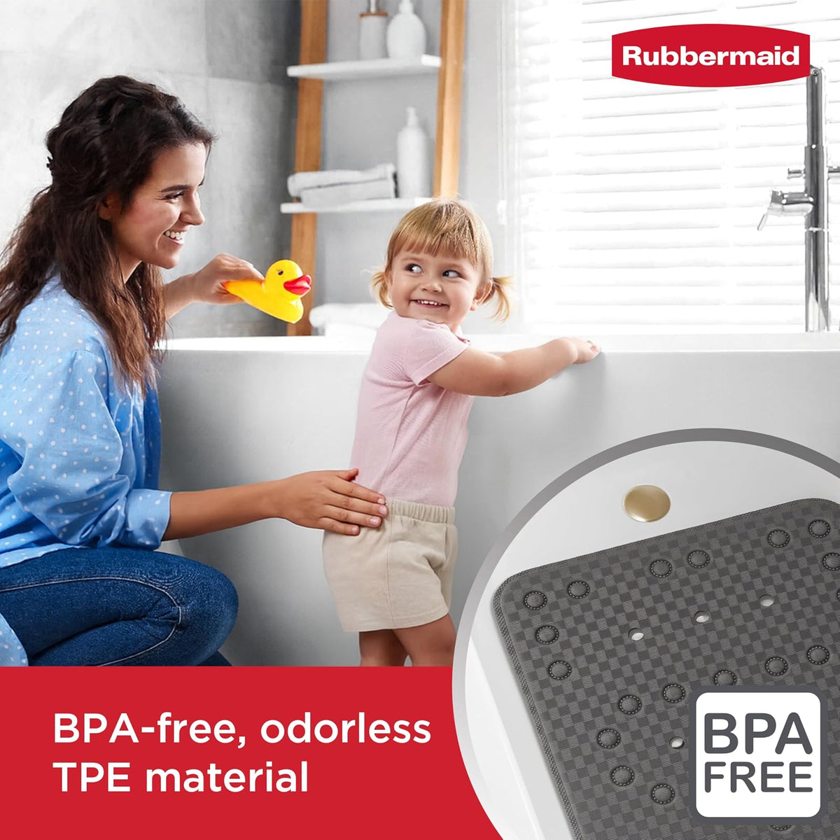Rubbermaid Alfombrilla de Espuma Suave para Tina de Baño y Ducha, Tapete Antideslizante para Tina con Orificios de Drenaje Rápido, 35.88 x 17 Pulgadas Alfombrilla de Baño Libre de BPA para Interior de