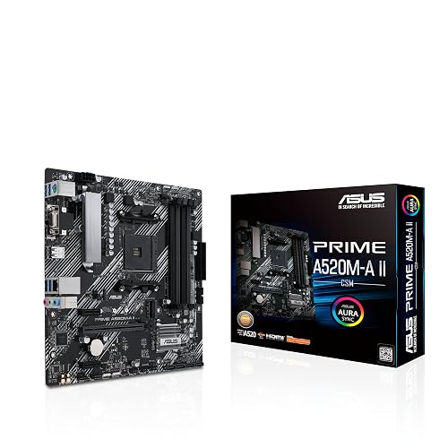 ASUS Prime A520M-A II-CSM Tarjeta Madre AMD para Oficina Trabajo y Estudio | AM4, mATX, Ryzen 5000/4000G/3000, DDR4 hasta 128GB, PCIe 3.0 x16, ranura M.2, LAN Gigabit, salida video triple, calidad ASUS