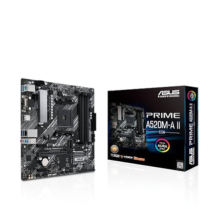 ASUS Prime A520M-A II-CSM Tarjeta Madre AMD para Oficina Trabajo y Estudio | AM4, mATX, Ryzen 5000/4000G/3000, DDR4 hasta 128GB, PCIe 3.0 x16, ranura M.2, LAN Gigabit, salida video triple, calidad ASUS
