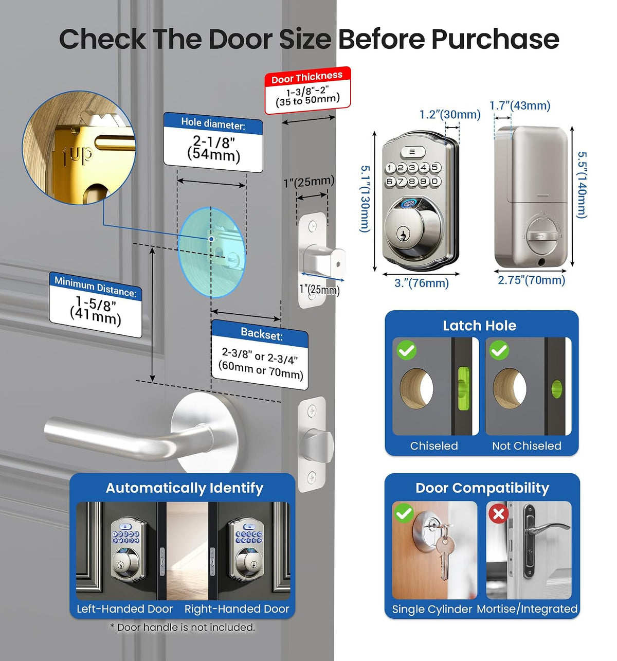 Veise KS02A - Cerradura de puerta de entrada sin llave de huellas dactilares, bloqueo automático, cerrojo electrónico para puerta delantera, biométrico, contraseña antipeeping, fácil instalación