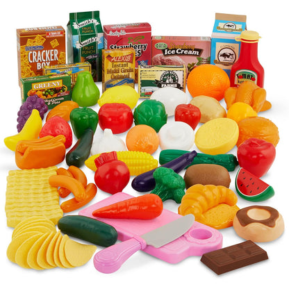 Play Circle Battat despensa de Juguete en Cubo con Alimentos y Accesorios | Despensa surtida con Set de 79, frutas, verduras, alimentos en caja, tabla, cuchillo y cubo con tapa y asa, 3 años y +