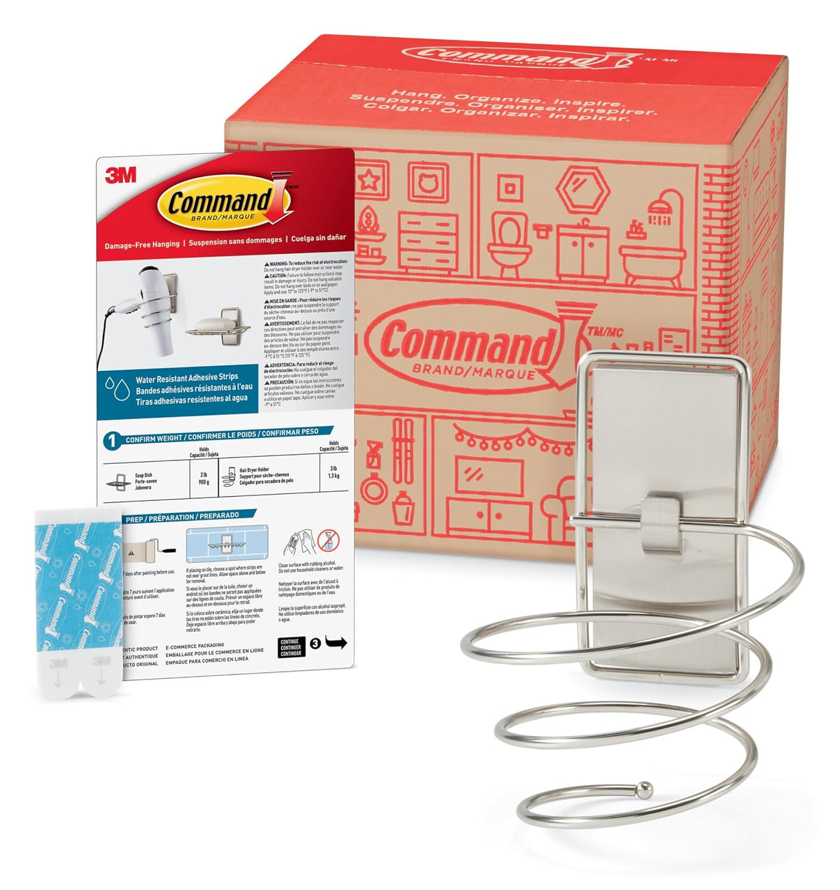 Command Soporte para secador de pelo, níquel satinado, 1 soporte, 2 tiras resistentes al agua, organiza sin daños