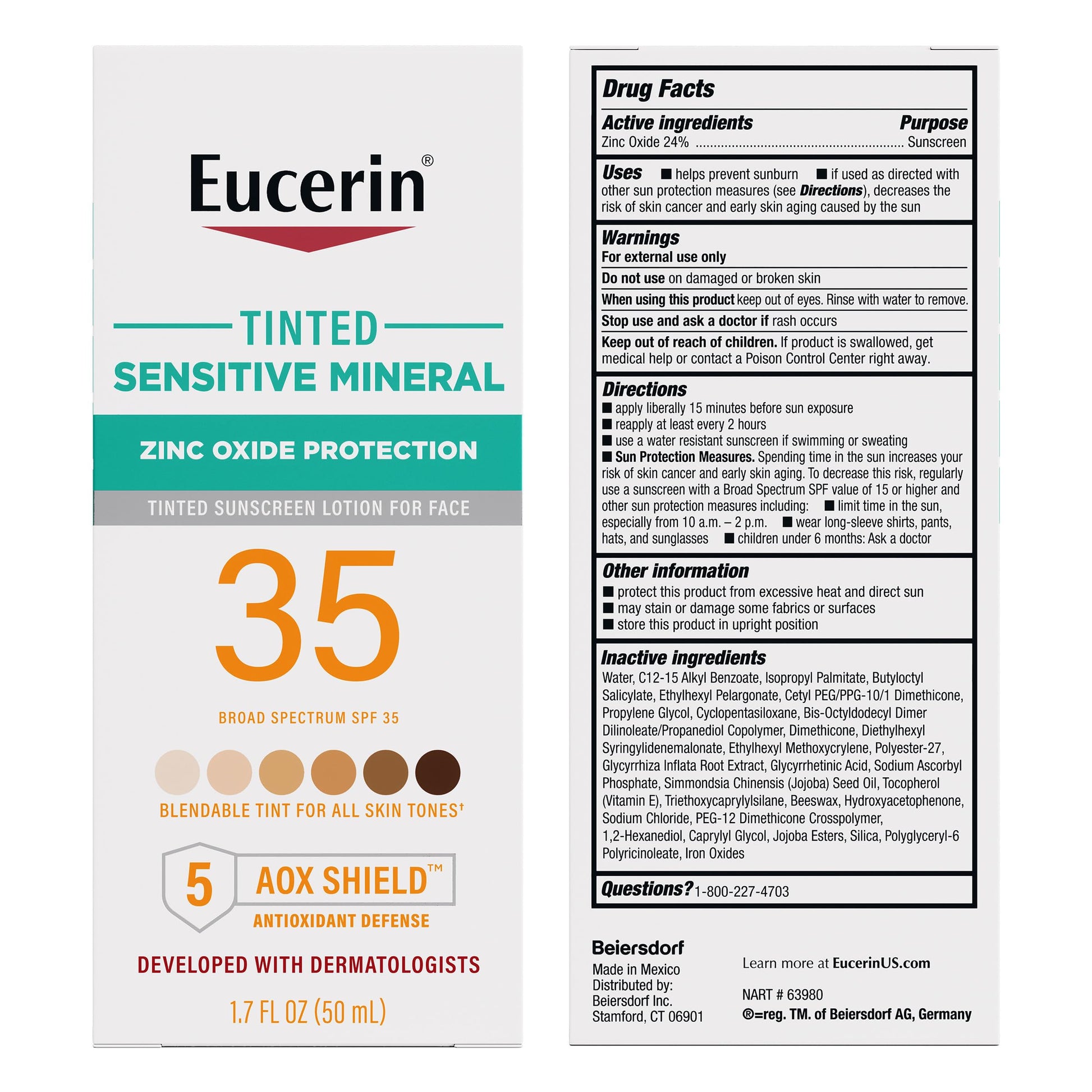Eucerin Loción De Protector Solar Facial Mineral Tintado Solar Spf 35, Protector Solar Mineral No Comedogénico Con Protección Suave De Ã“xido De Zinc Para Piel Sensible, Frasco De 1.7