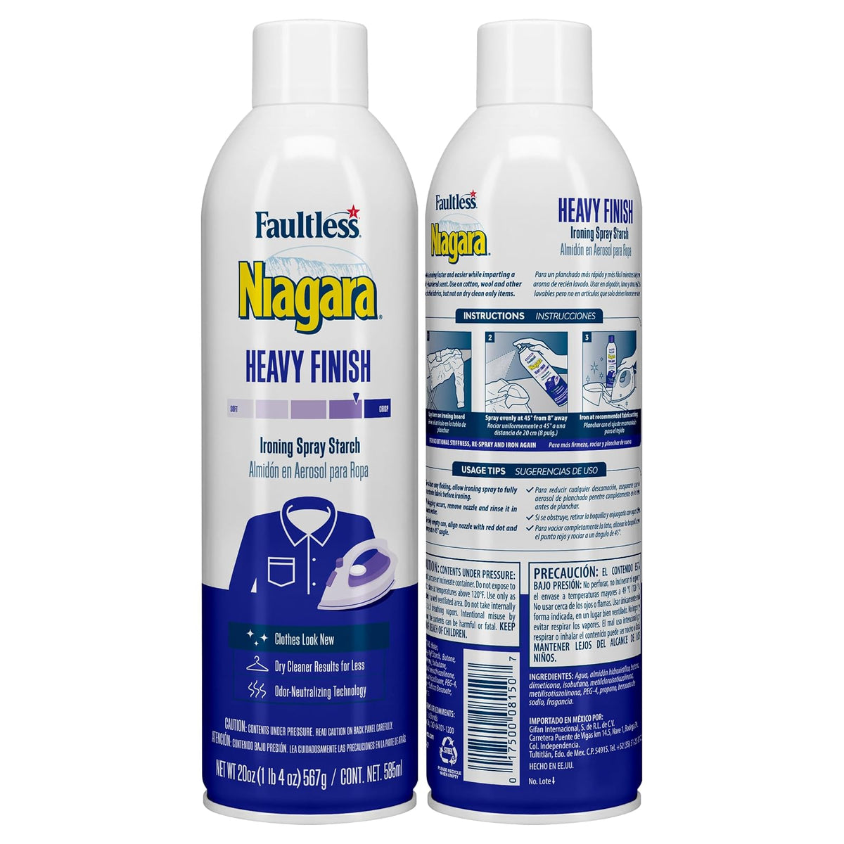 Almidón en Aerosol Niagara Heavy Finish para Ropa | Quita Arrugas Extra Crujiente y Ayuda al Planchado, Fijaci?n Fuerte, No Se Descascara ni Obstruye, Latas de 20 Oz (Paquete