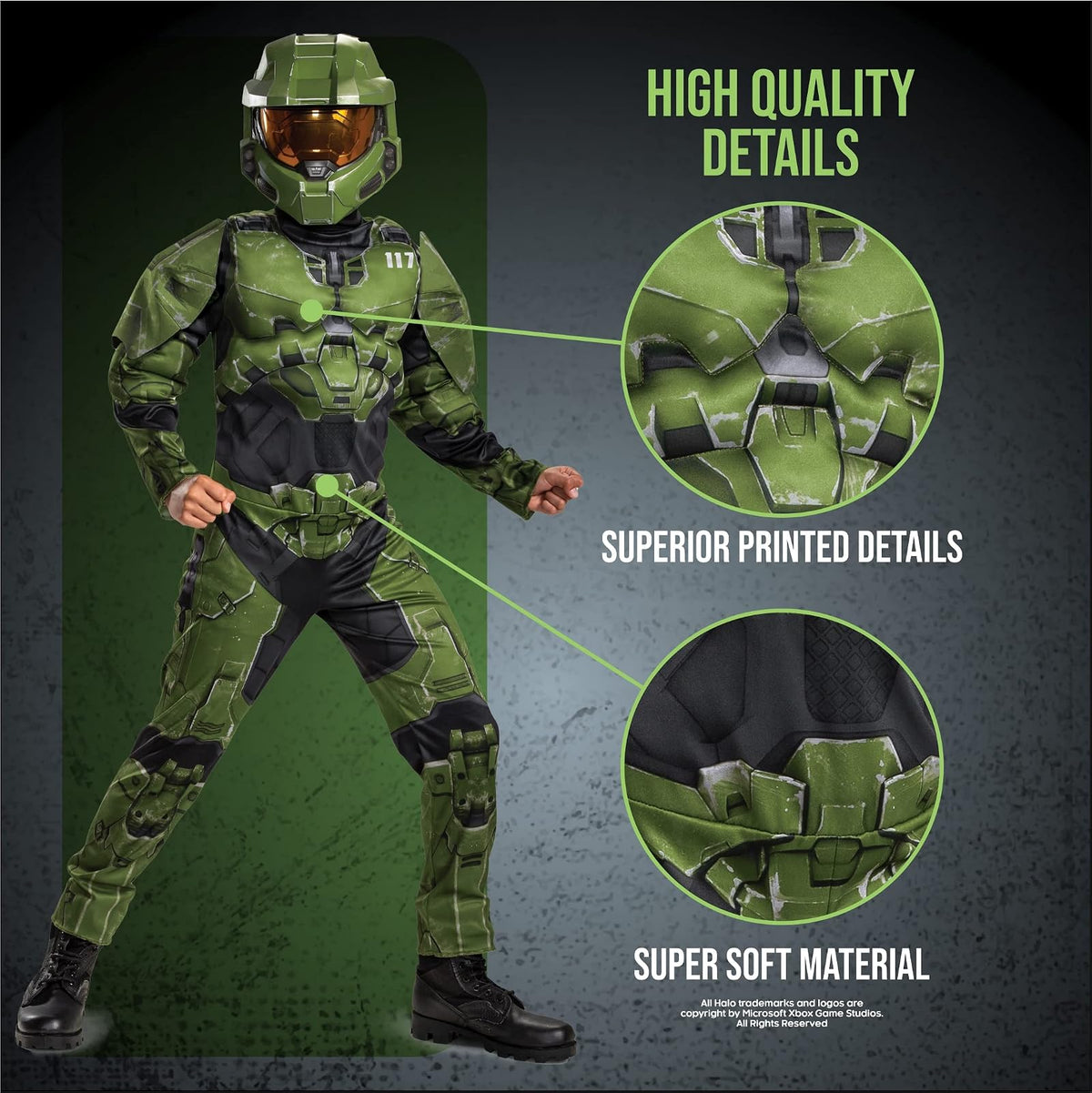 Disfraz de Halo Infinite Master Chief de Disfraz para niños, tamaño de niño, Acolchado Muscular, Inspirado en Videojuegos, Talla de niño, Talla XL (14-16), Verde y Negro