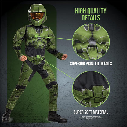 Halo Infinite Master Chief Costume, Kids Size Muscle Padded Video Game Inspired Character Jumpsuit, Child Size Medium (7-8)