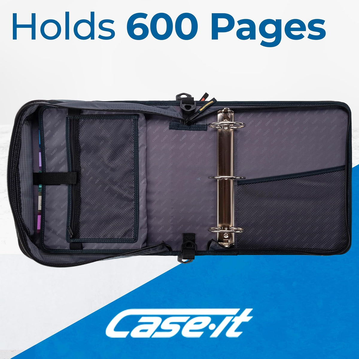 Case-it Mighty - Carpeta con cierre escolar con cierre | Anillos tóricos de 3 pulgadas, capacidad de 600 hojas, carpeta de archivos expandible de 5 sujetos, múltiples bolsillos y organizador de