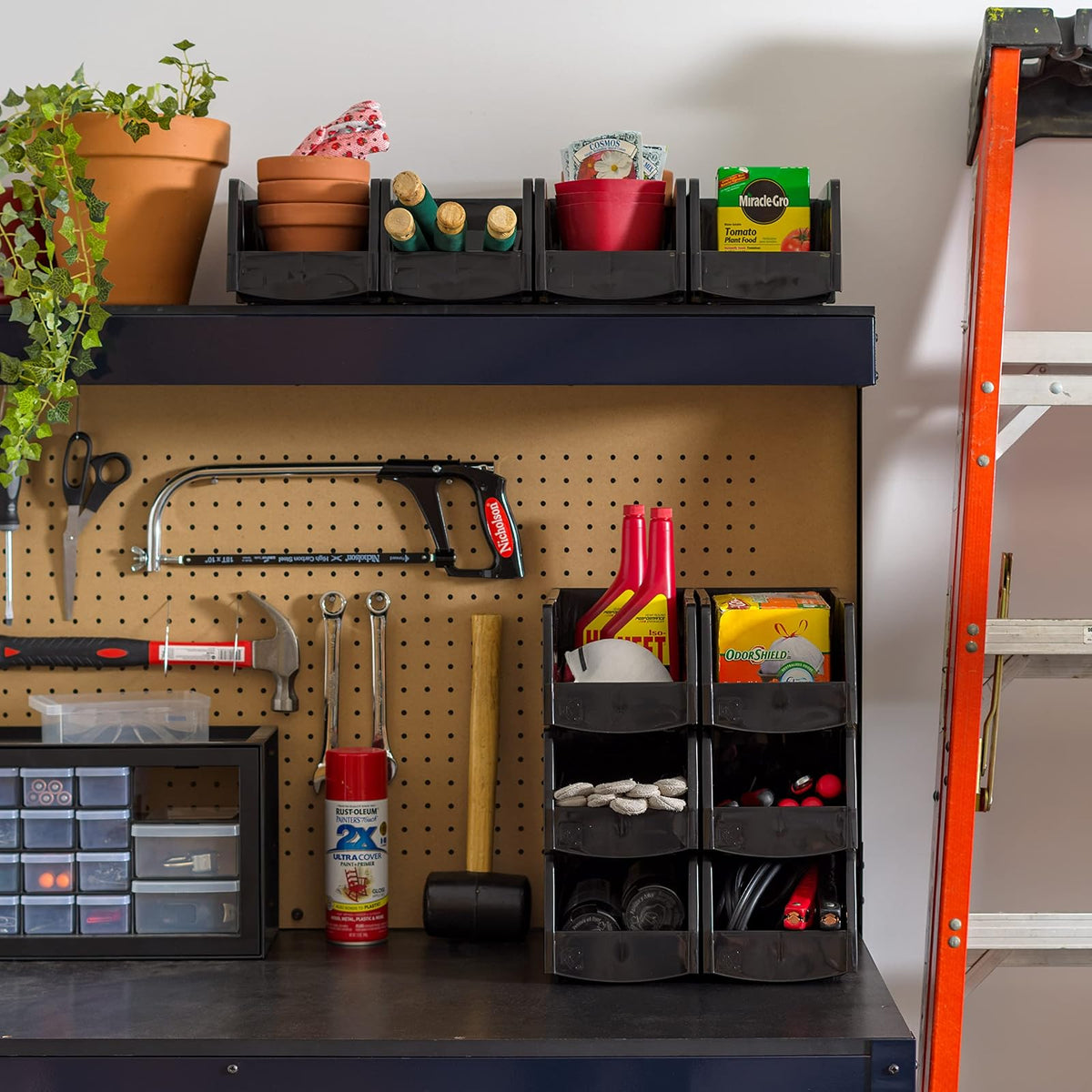 IRIS USA Paquete de 8 Contenedores Grandes Apilables, Negro | Organiza piezas pequeñas, ferretería, manualidades, despensa y artículos del hogar con acceso frontal y cajas apilables