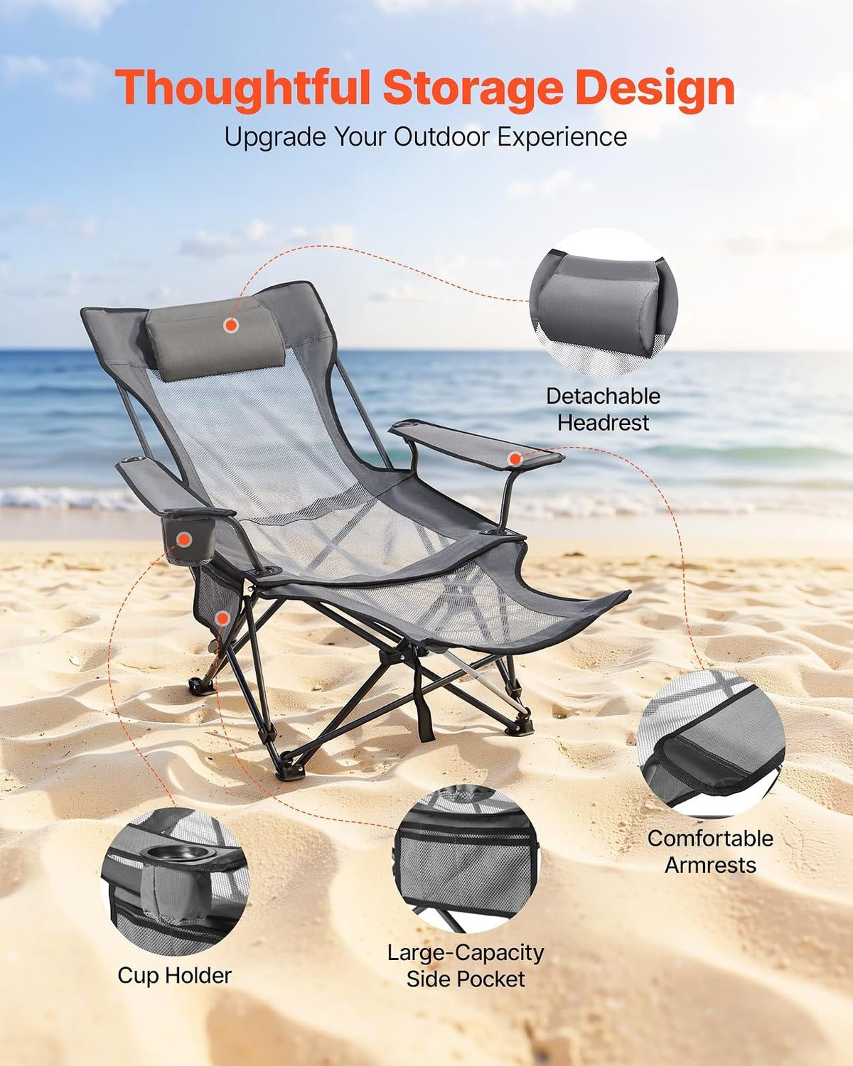 VEVOR Silla de Camping Plegable, 4 Posiciones Ajustables, Silla Reclinable y Portátil con Reposapiés y Reposacabezas, Tejido de Malla, Capacidad de Carga de 100 kg, para Playa y Patio, Gris