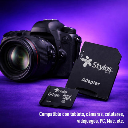 Memoria Micro SD 64GB Clase 10 con Adaptador Negro Stylostech