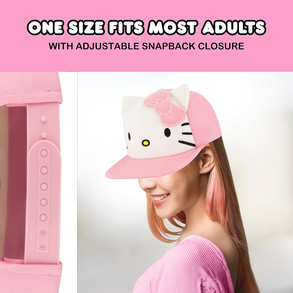 Hello Kitty Baseball Cap, Women's Snapback Hat with Flat Brim and 3D Ribbon and Ears