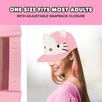 Hello Kitty Baseball Cap, Women's Snapback Hat with Flat Brim and 3D Ribbon and Ears