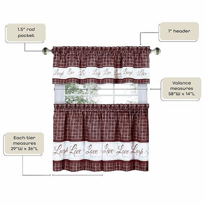 Achim Home Decor - Juego de Cortinas para Ventana, 58 Pulgadas de Ancho, 36 Pulgadas de Largo, Vivo, Amor, Risa (Burdeos), Cortinas filtrantes de luz para Cocina, recámara, Sala de Estar y Comedor