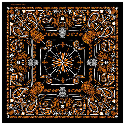 Hot Leathers Paisley Skull Bandana - Negro - Naranja