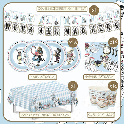 Talking Tables Decoración de Fiesta Alicia en el País de las Maravillas | Para 16 invitados, , platos, servilletas, tazas, mantel