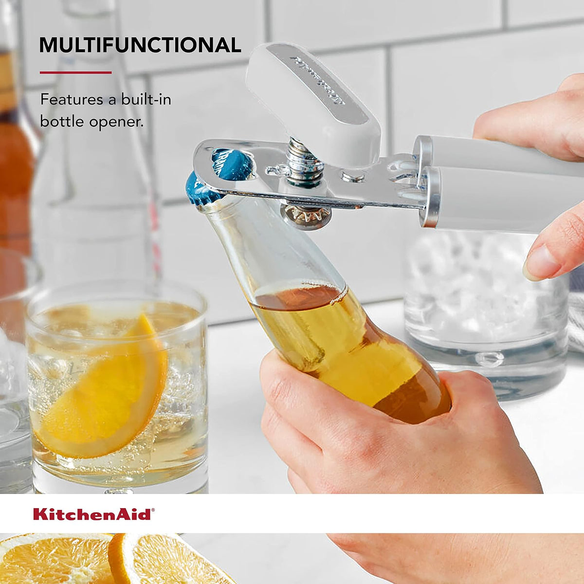 KitchenAid - Abrelatas y abrebotellas multifunción clásico fácil de usar, rueda de corte de acero inoxidable afilada, asas ergonómicas suaves, color blanco