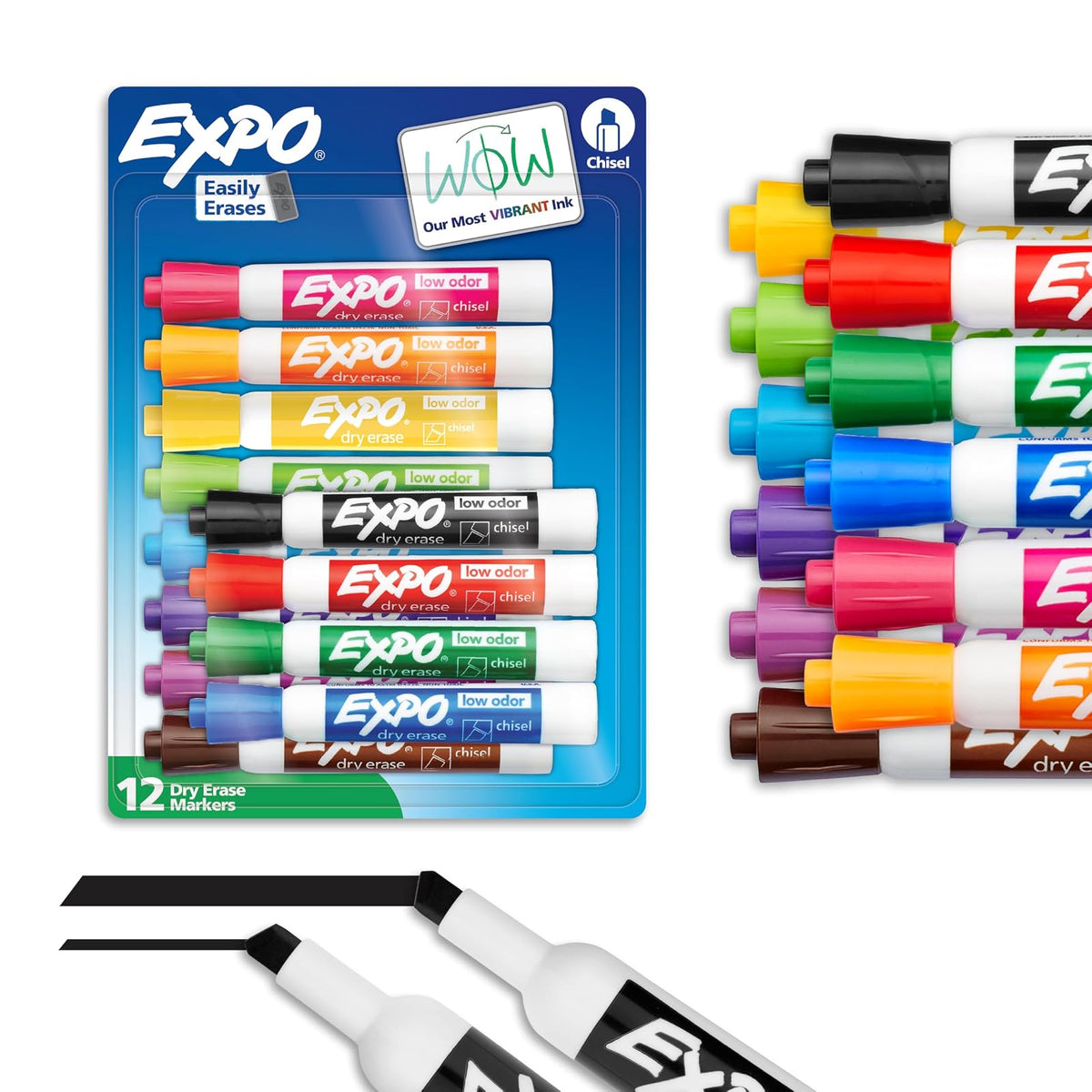 Expo Marcadores de Borrado en Seco Punta Cincel Negro, Bajo Olor - 12-pack - (12 Count)