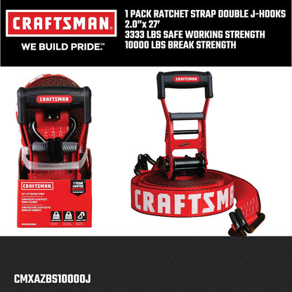Craftsman CMXAZBS10000J Correa de Amarre de carraca de 2 x 27 pies con Doble Gancho en J – Pesado/Industrial (Resistencia a la Rotura de 10 Libras)