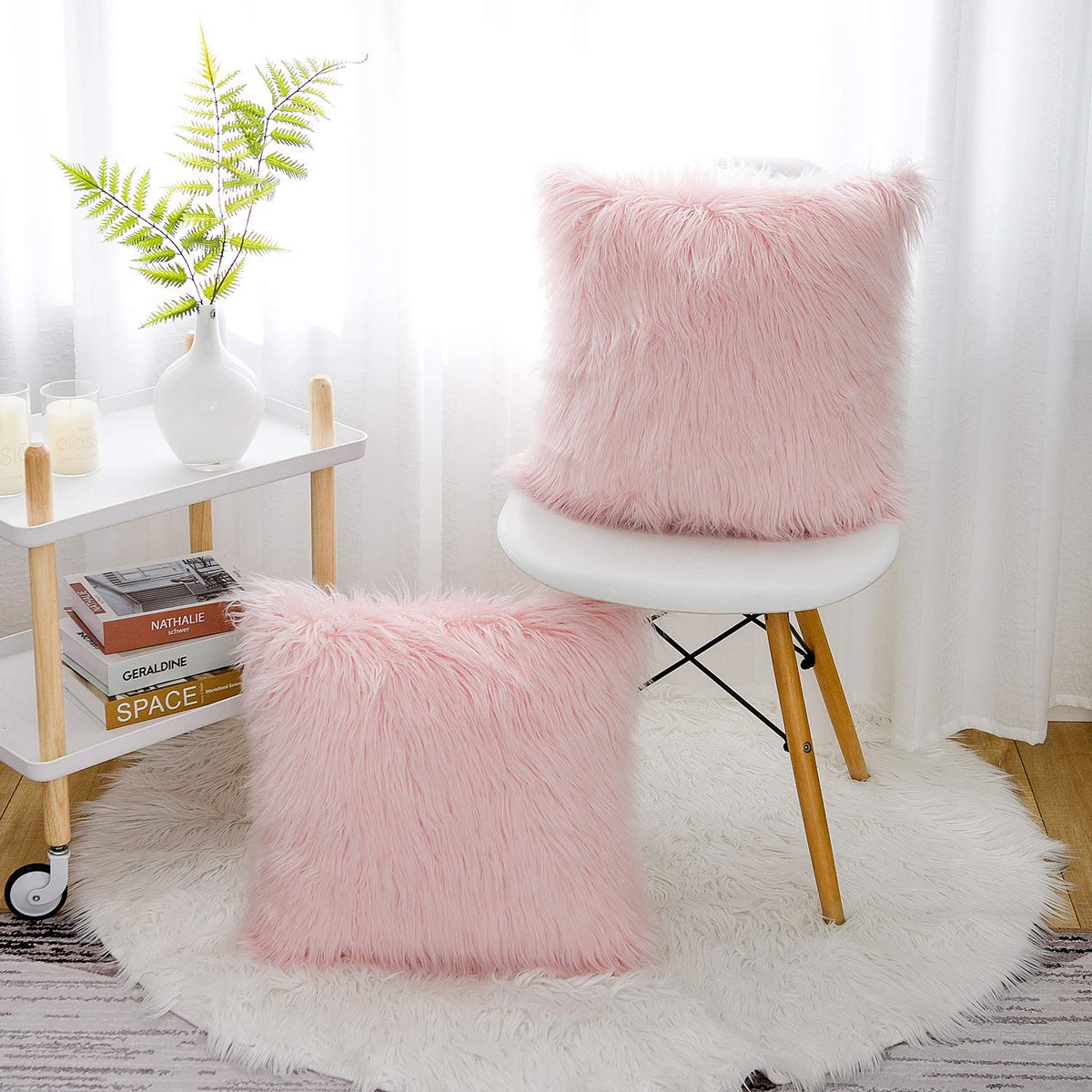 WLNUI Juego de 2 Fundas de Almohada esponjosas de Color Rosa, Serie de Lujo, Estilo Merino, Fundas de Almohada Decorativas de Piel sintética, Fundas de cojín cuadradas y peludas, 18 x 18 Pulgadas