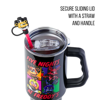Silver Buffalo Five Night at Freddy's - Vaso de acero inoxidable con mango y popote, se adapta a portavasos estándar, 40 onzas