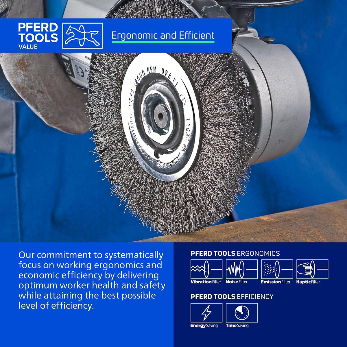 PFERD 80354 Crimped Wheel Brush, Stainless Steel Wire, 4-1/2" Diameter, 5/8-11 Thread, 0.014 Wire Size, 15/16" Trim Length, 1/2" Face Width, 12500 rpm