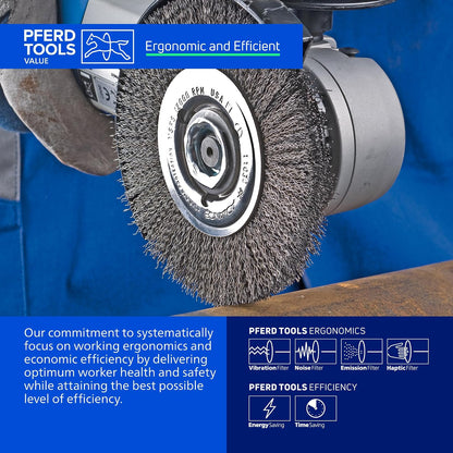 PFERD 80354 Crimped Wheel Brush, Stainless Steel Wire, 4-1/2" Diameter, 5/8-11 Thread, 0.014 Wire Size, 15/16" Trim Length, 1/2" Face Width, 12500 rpm