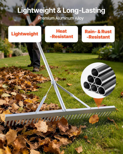 VEVOR Rastrillo de Aluminio, Cabezal 914 mm, Mango 2590 mm, Herramienta Grande para Jardinería, Aflojamiento de Tierra, Jardinería, Grava de Estanques y Cuidado del Césped de Playa, 34 Dientes