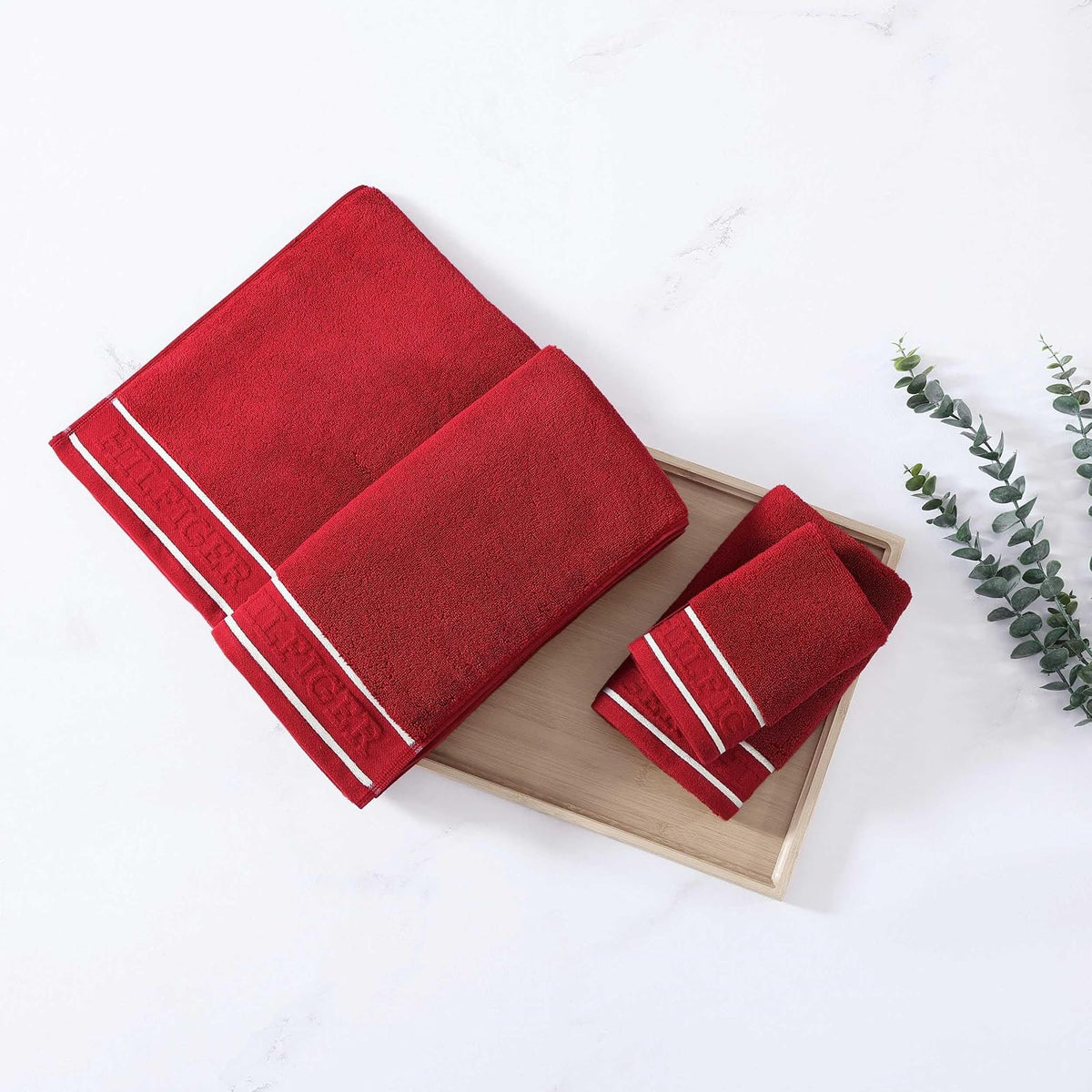 Tommy Hilfiger - Juego de Toallas de baño, algodón Suave y Absorbente, de Secado rápido y construcción Cero torsión, diseño Moderno (Rojo heredado, 6 Piezas)