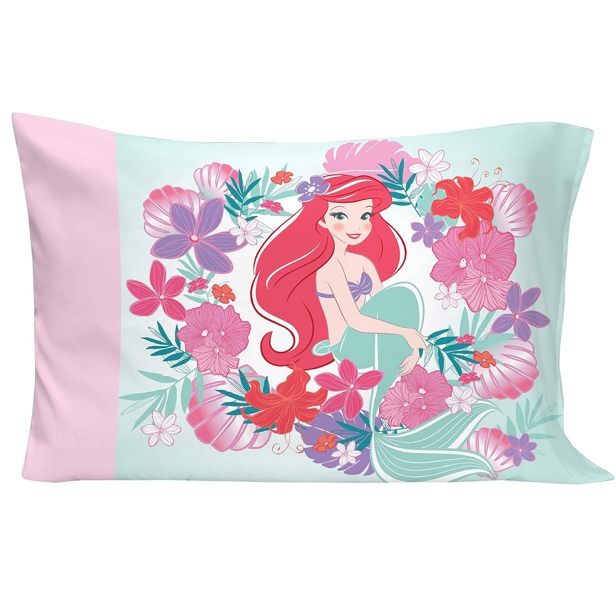 Disney Ariel Sea Garden - Juego de Cama de 4 Piezas para niños pequeños, edredón, sábana Bajera, sábana encimera Plana, Funda de Almohada Reversible de tamaño estándar, Rosa y Aguamarina