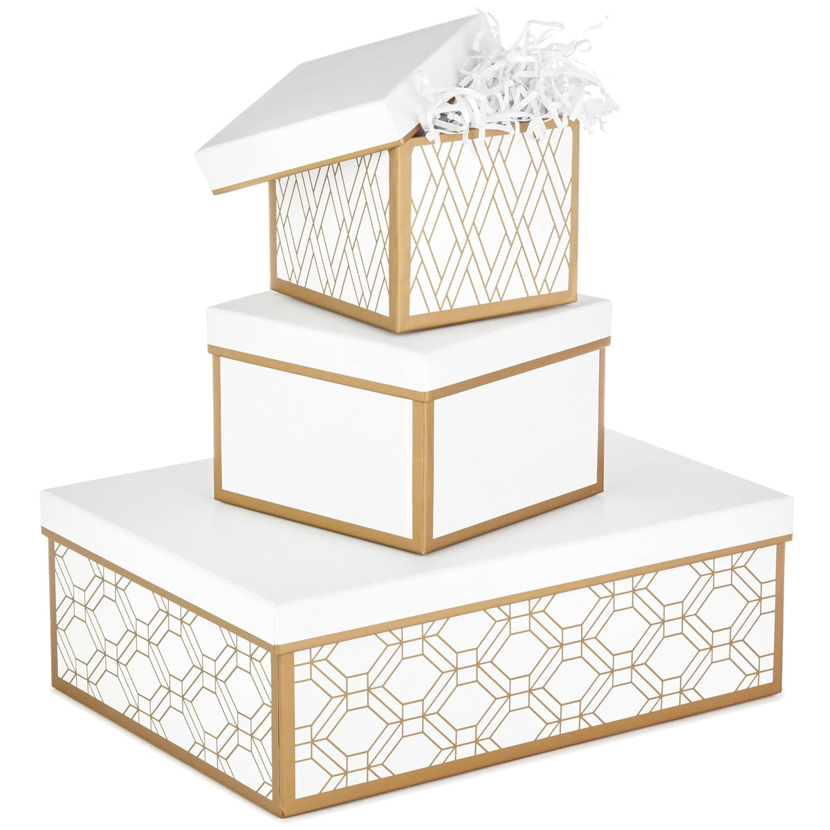 Hallmark - Cajas de regalo anidadas con tapas y relleno (juego de 3, blanco y dorado, varios tamaños) para el día de San Valentín, bodas, despedidas de soltera, damas de honor, cumpleaños