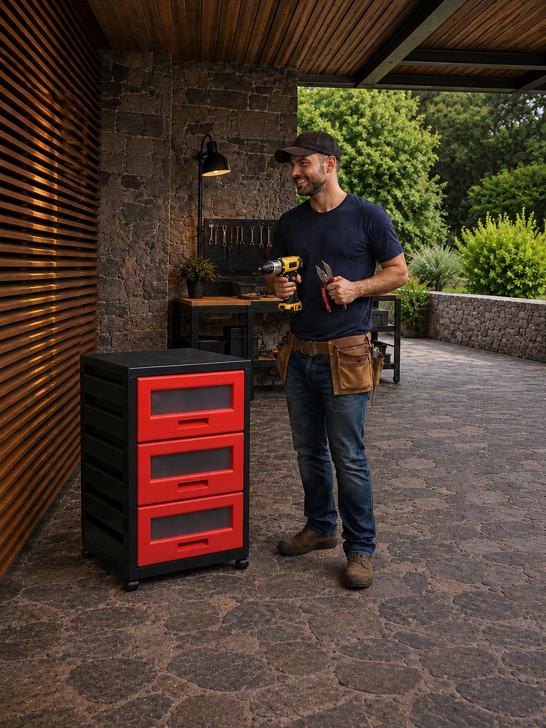 Italhome Mueble De Plástico En Color Negro Rojo Con 3 Cajones, Cajonera Organizador Multiusos Con Ruedas Piave