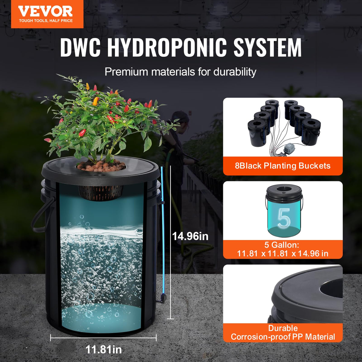 VEVOR DWC Sistema hidropónico, 5 galones y 8 Cubos, cubeta de Cultivo de Agua Profunda, Kit de Cultivo hidropónico con Bomba, Piedra de Aire y Dispositivo de Nivel de Agua, para Verduras de Hoja y