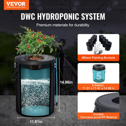 VEVOR DWC Sistema hidropónico, 5 galones y 8 Cubos, cubeta de Cultivo de Agua Profunda, Kit de Cultivo hidropónico con Bomba, Piedra de Aire y Dispositivo de Nivel de Agua, para Verduras de Hoja y