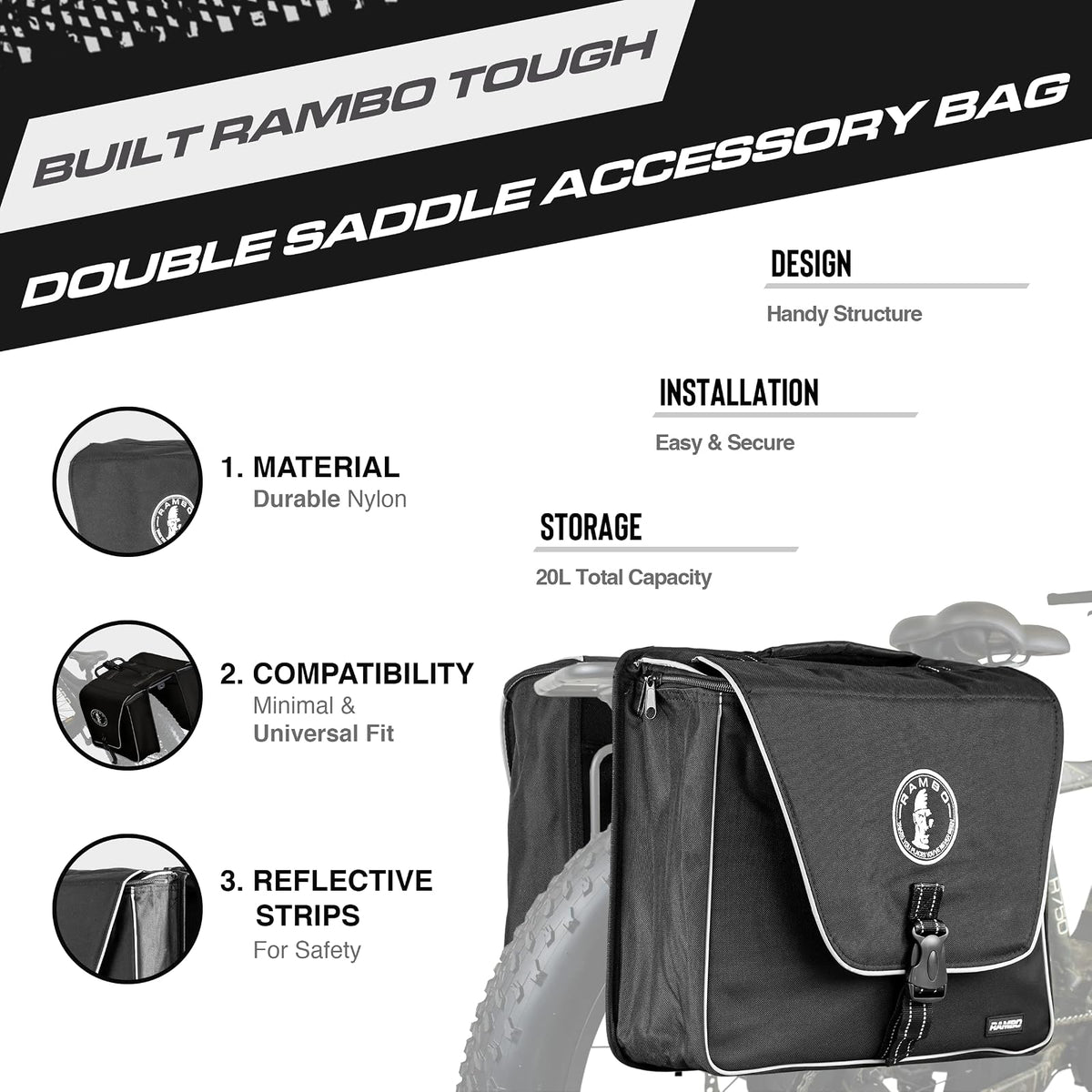 Rambo - Bolsa de Almacenamiento para Accesorios de Bicicleta, sillín, Negro, Una Talla