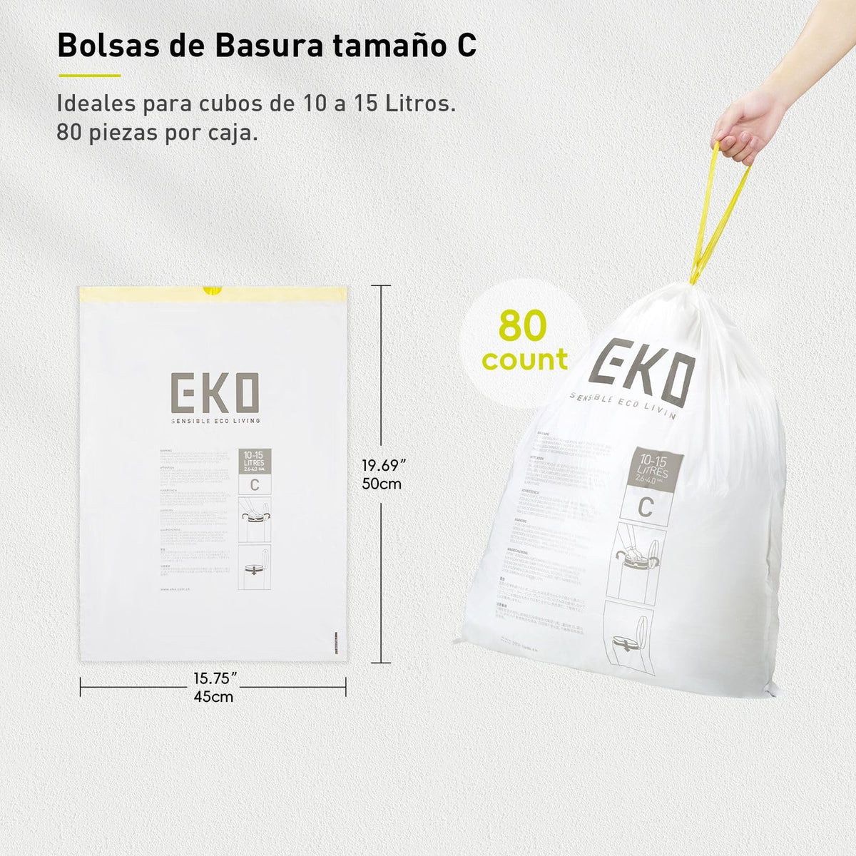 EKO Bolsas de Basura Tamaño C. 10-15 Litros. 80 unidades Caja dosificación fácil. Compatible con bote de basura EKO, uso en cocina, doméstico, extrafuertes, con cordón